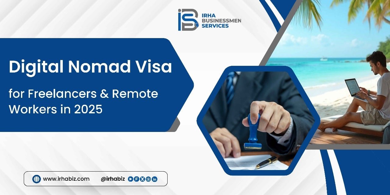 Digital nomad visa concept illustration with remote worker exploring new country in 2025
